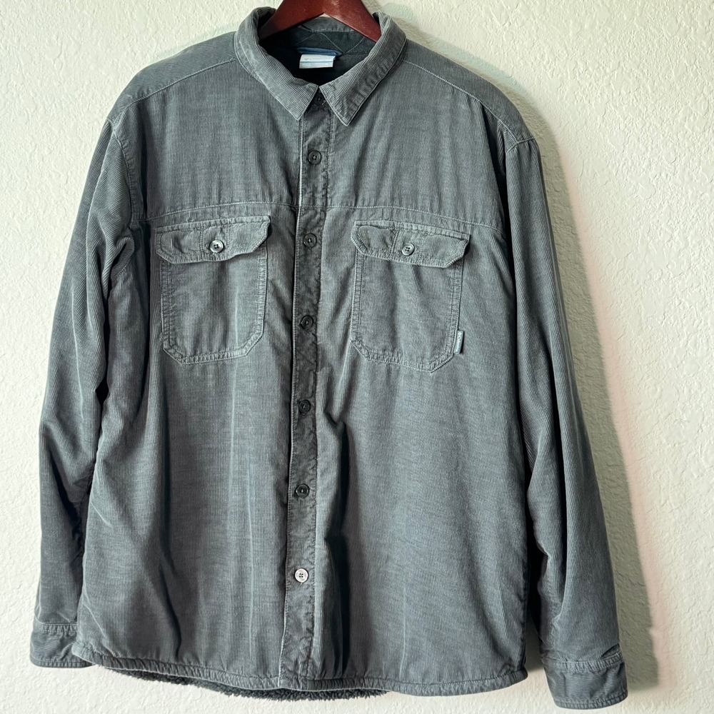 Columbia Mens XL Sherpa Lined Corduroy Shacket Grey AM8197 Button Up Outdoor